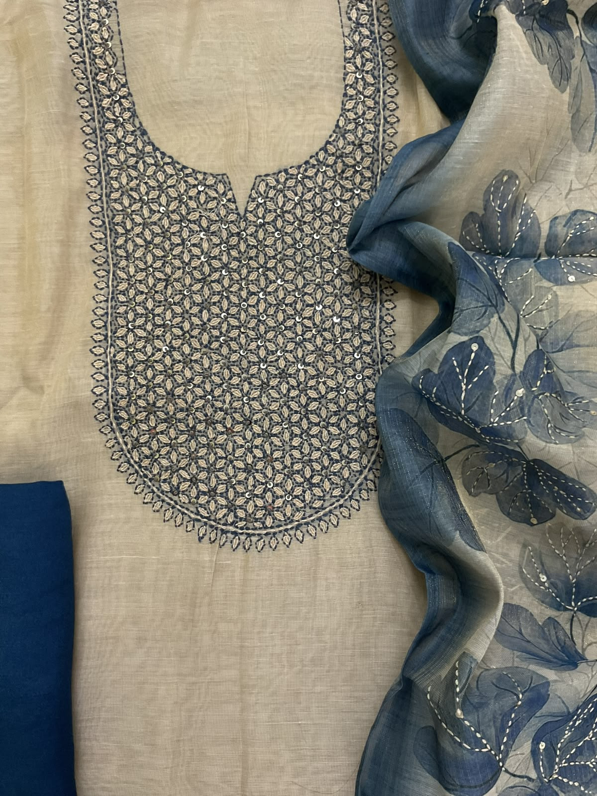 Soft Tissue Slub Cotton Printed Embroidered Suit - Beige