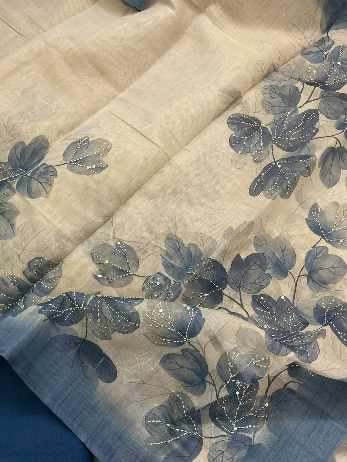 Soft Tissue Slub Cotton Printed Embroidered Suit - Beige