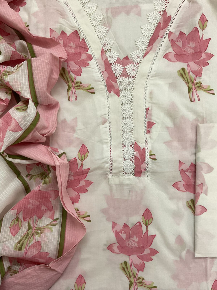 Image of Pure Cotton Printed Embroidered Suit - Off White