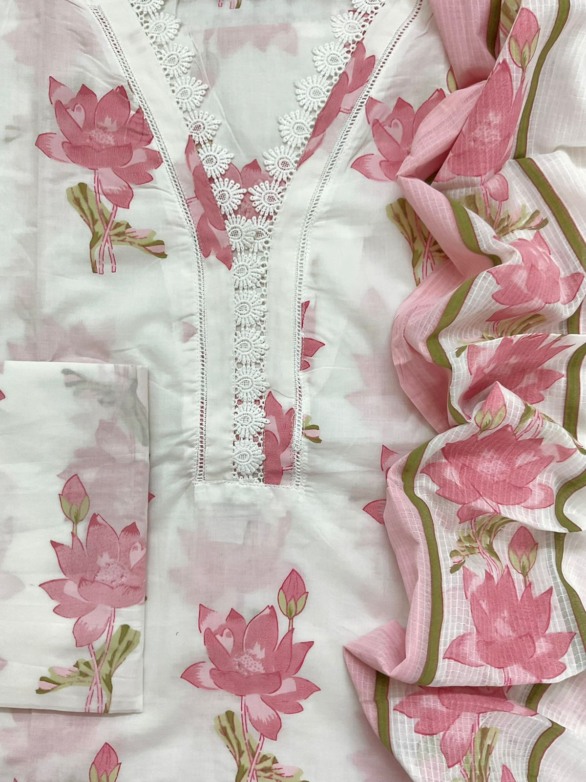 Pure Cotton Printed Embroidered Suit - Off White