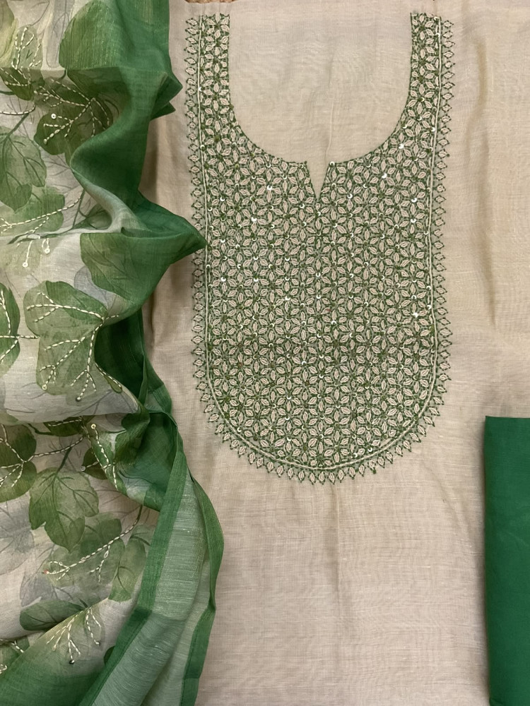 Image of Soft Tissue Slub Cotton Printed Embroidered Suit - Beige