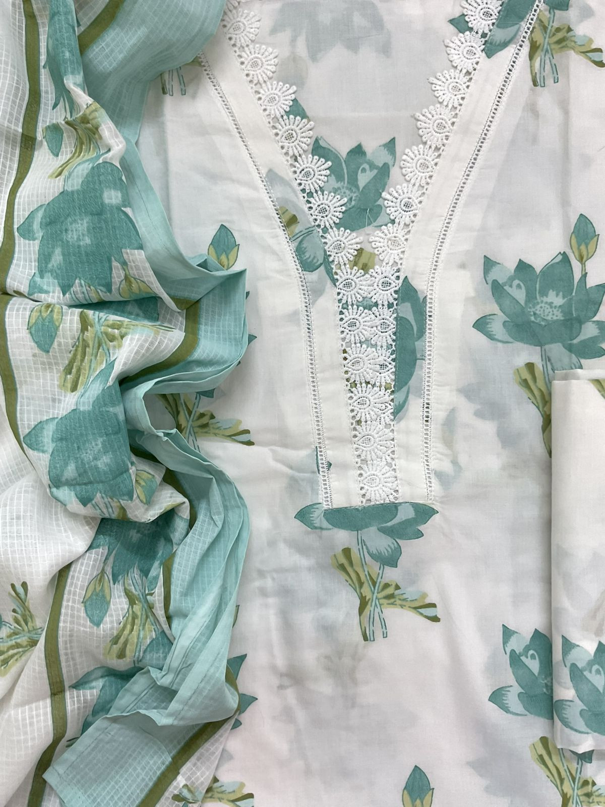 Pure Cotton Printed Embroidered Suit - Off White