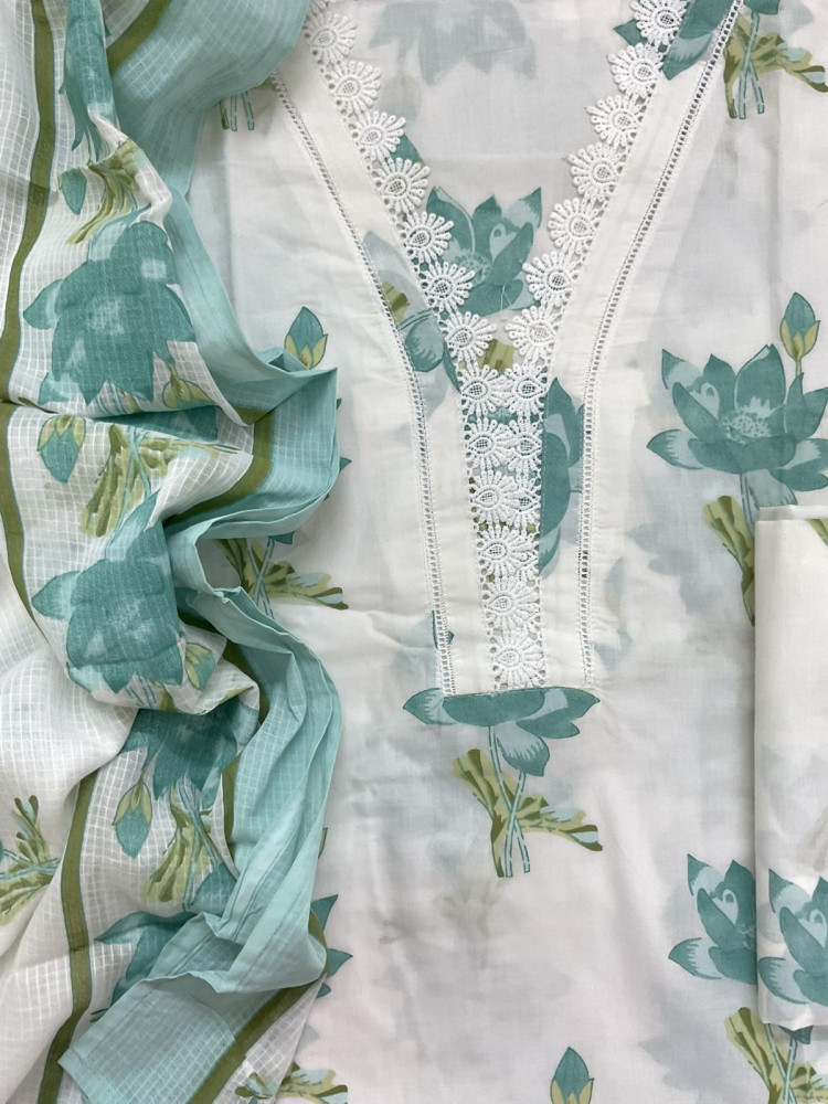 Image of Pure Cotton Printed Embroidered Suit - Off White