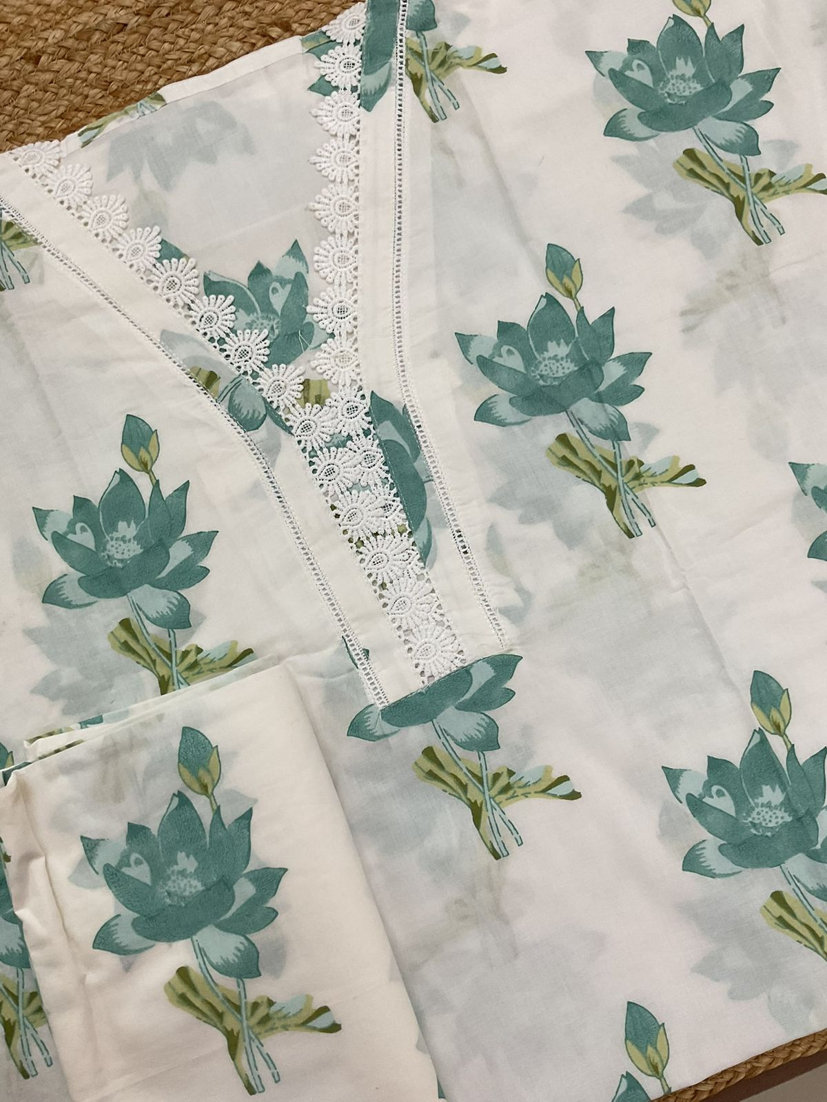 Pure Cotton Printed Embroidered Suit - Off White