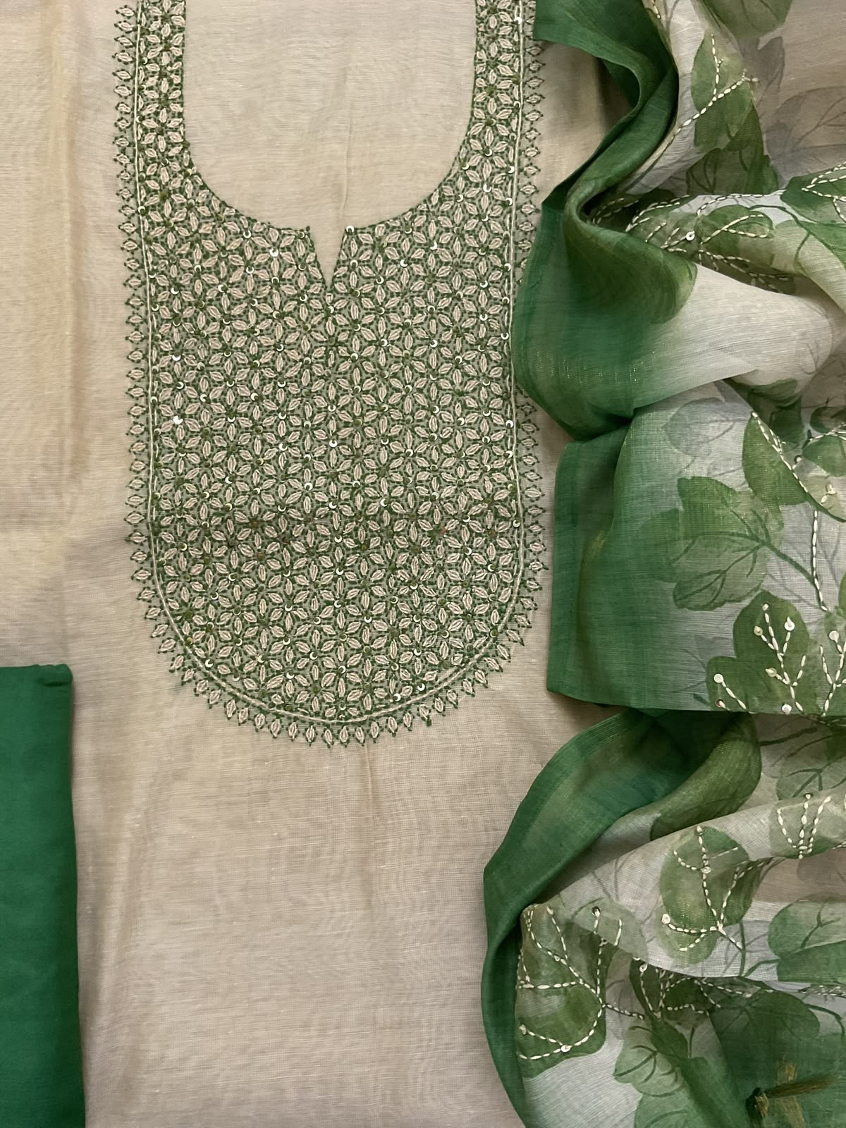 Soft Tissue Slub Cotton Printed Embroidered Suit - Beige