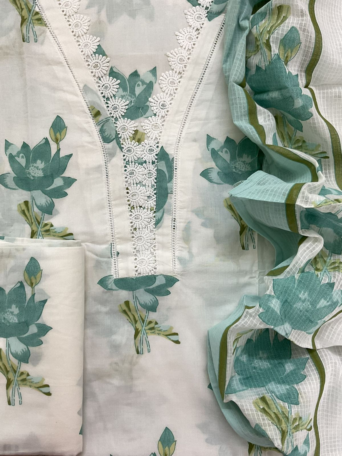 Pure Cotton Printed Embroidered Suit - Off White