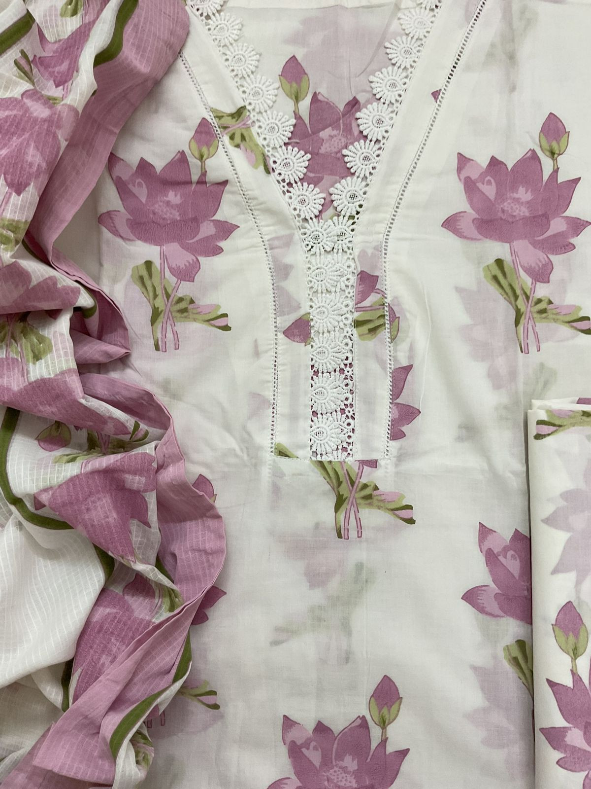 Pure Cotton Printed Embroidered Suit - Off White