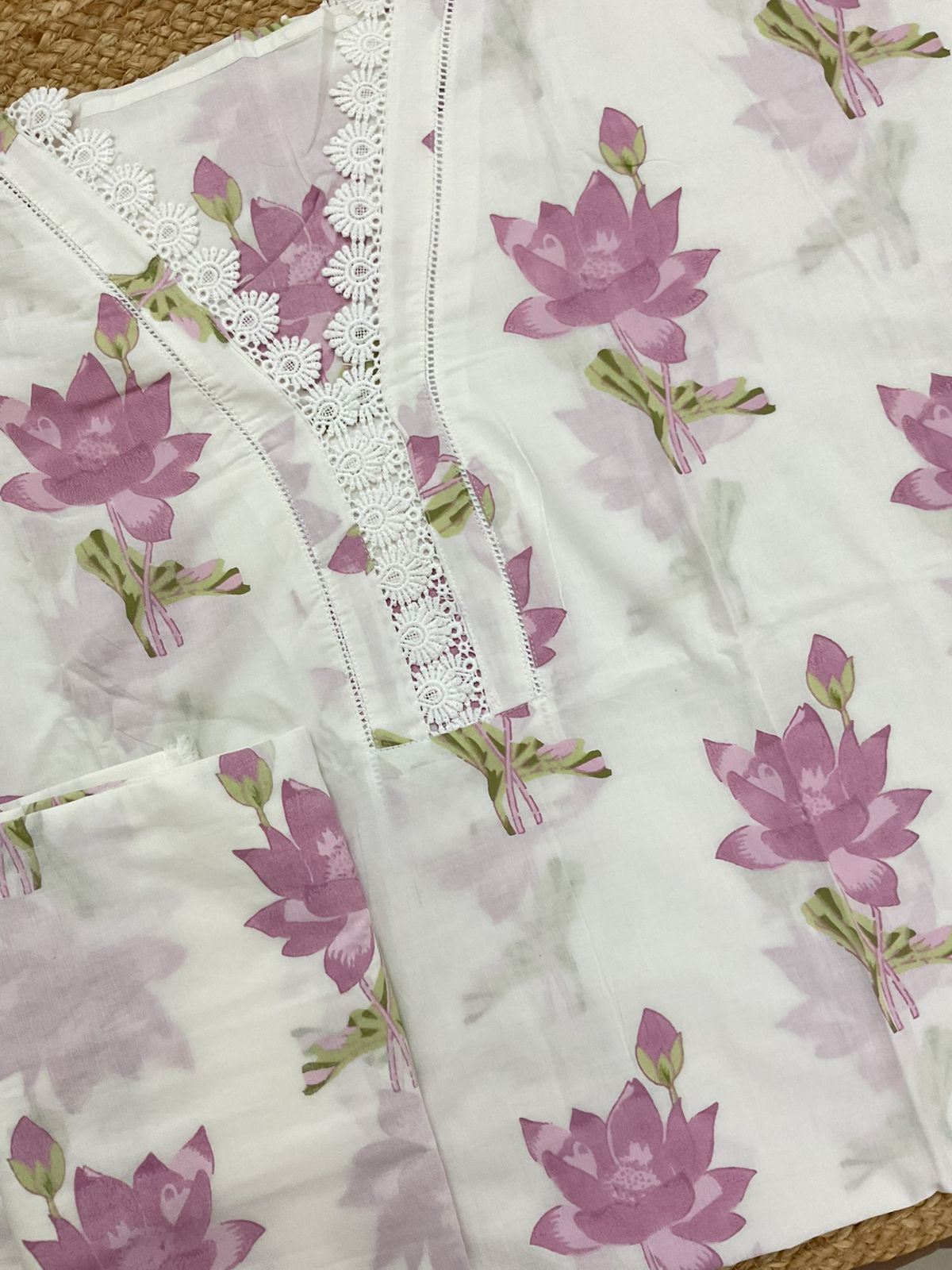 Pure Cotton Printed Embroidered Suit - Off White