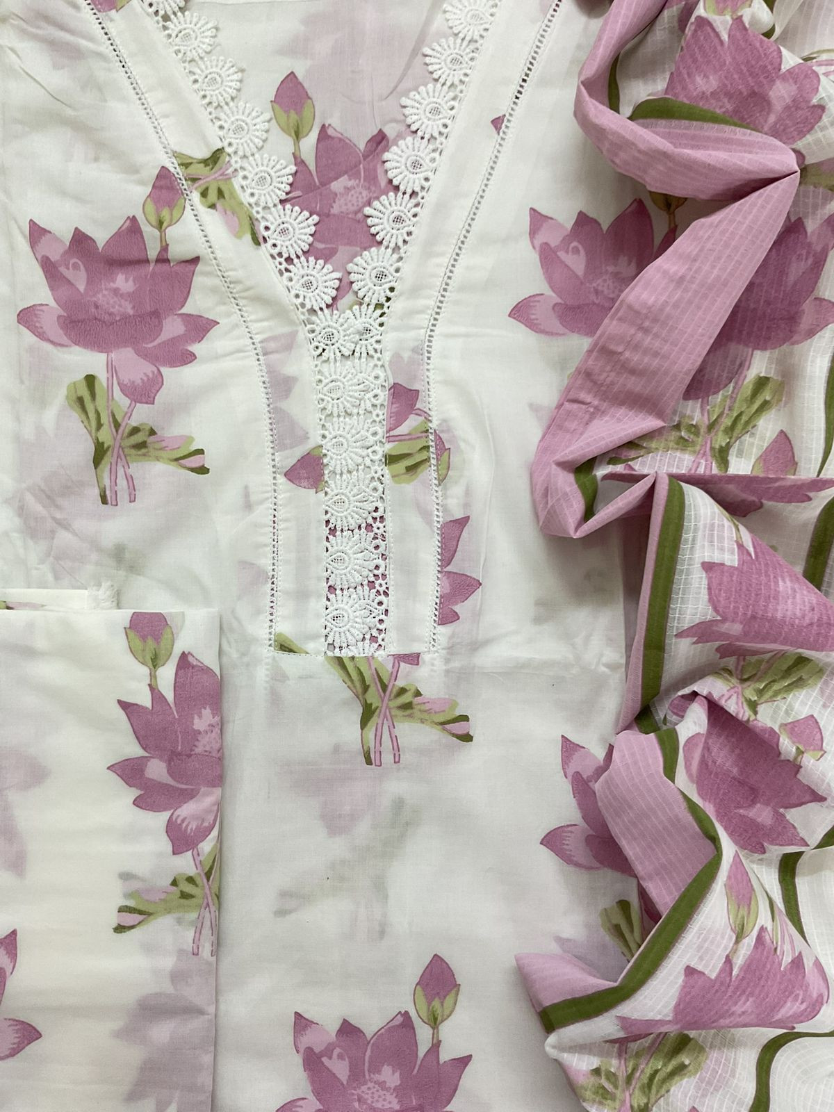 Pure Cotton Printed Embroidered Suit - Off White