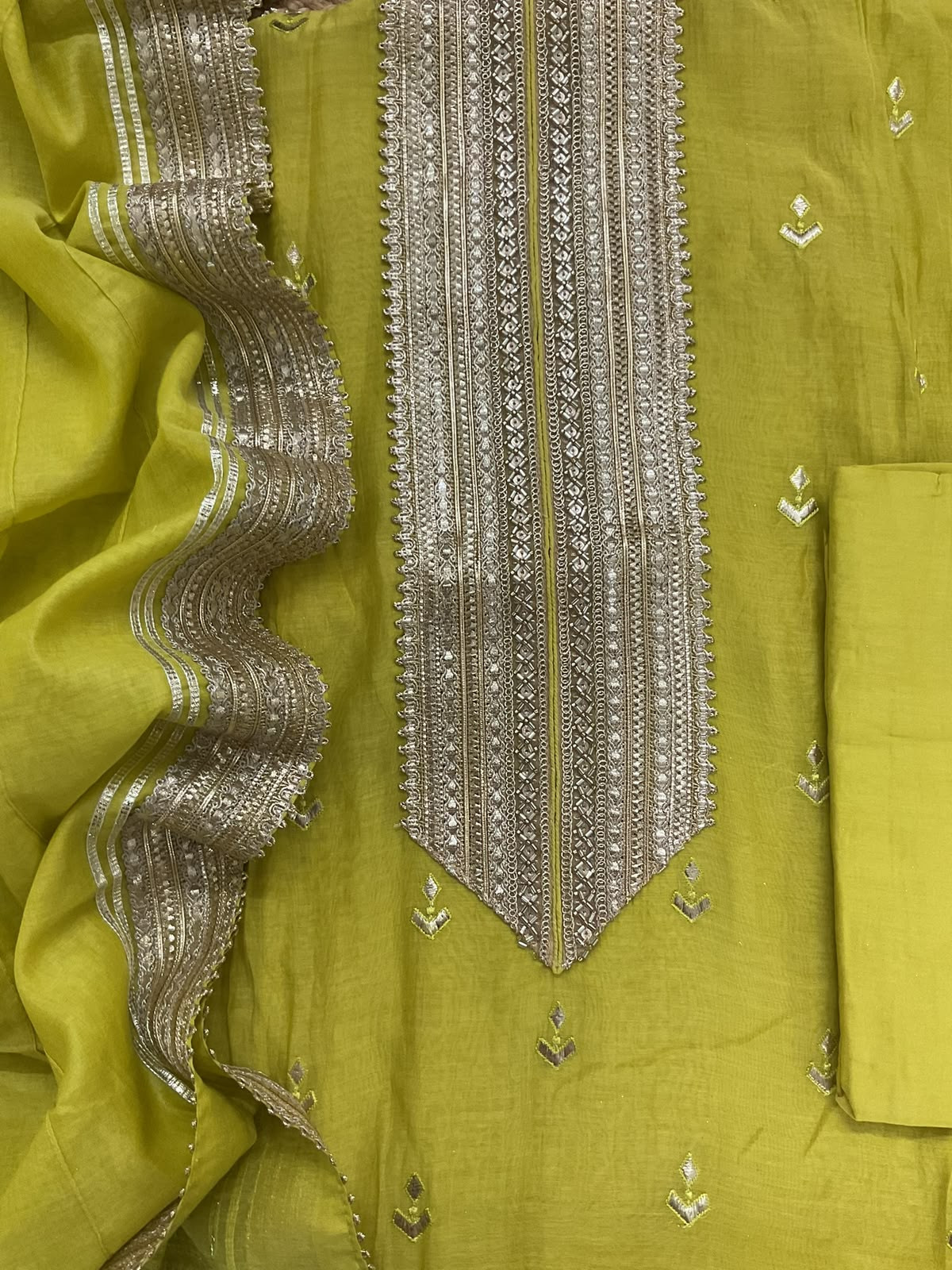Pure Mul Chanderi Embroidered Suit - Greenish Yellow