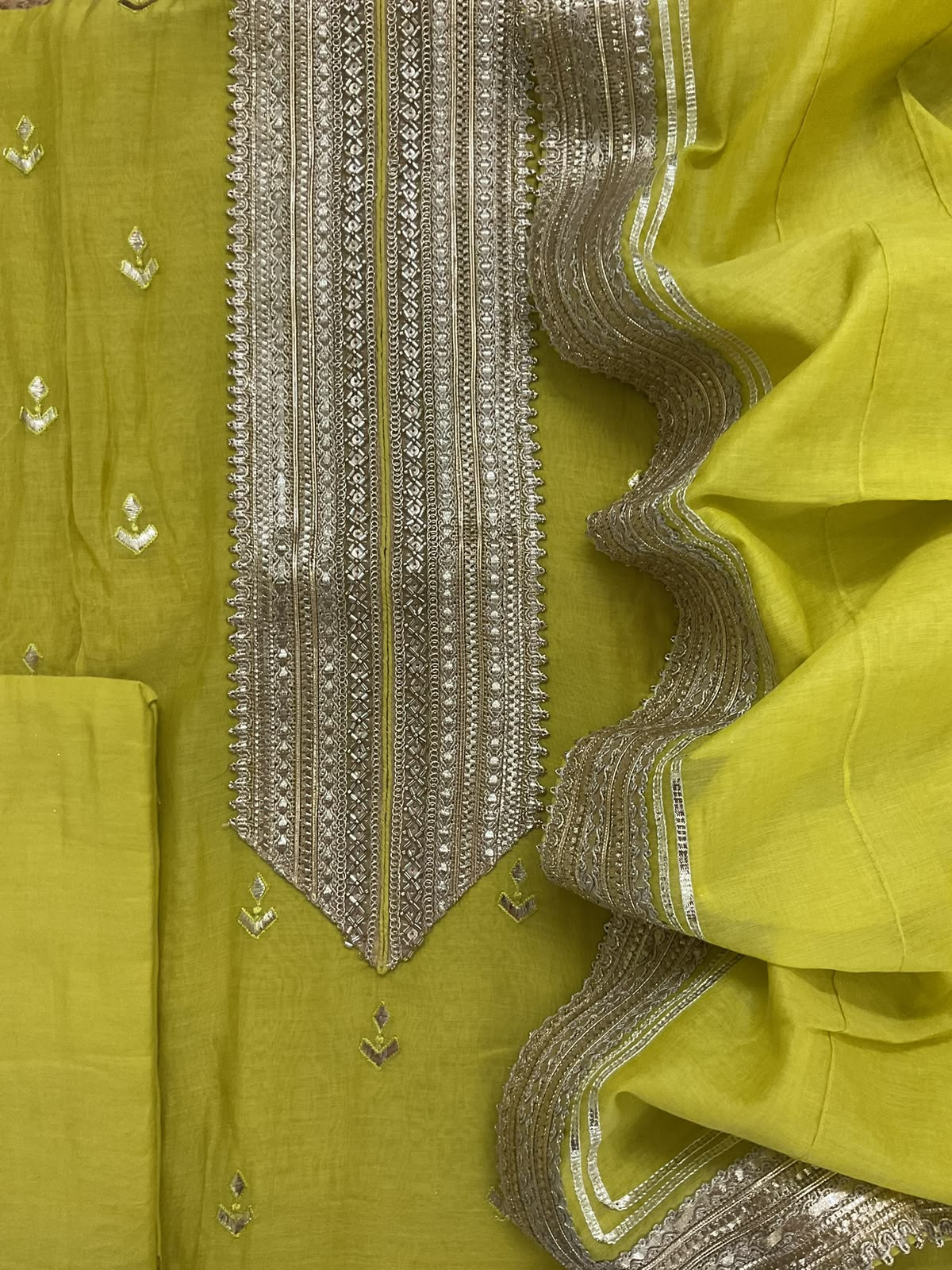 Pure Mul Chanderi Embroidered Suit - Greenish Yellow