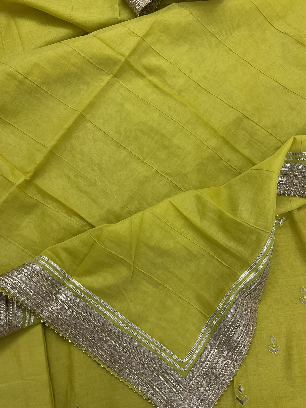 Pure Mul Chanderi Embroidered Suit - Greenish Yellow