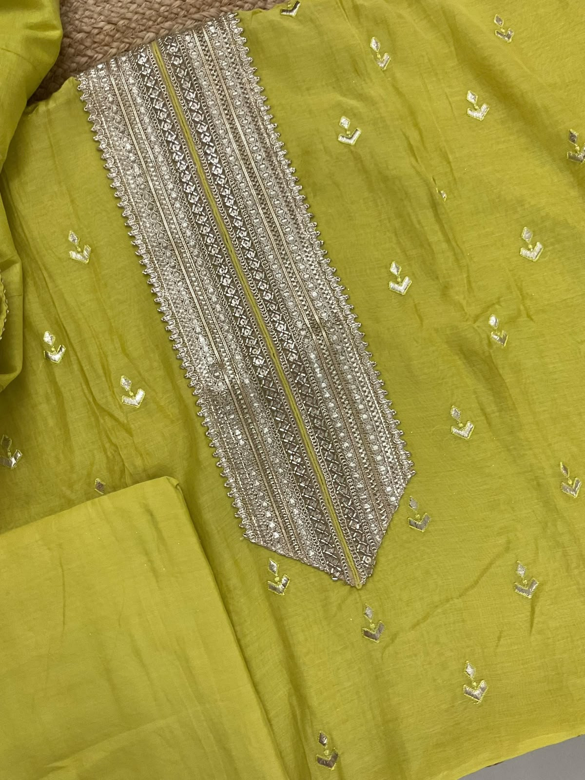Pure Mul Chanderi Embroidered Suit - Greenish Yellow