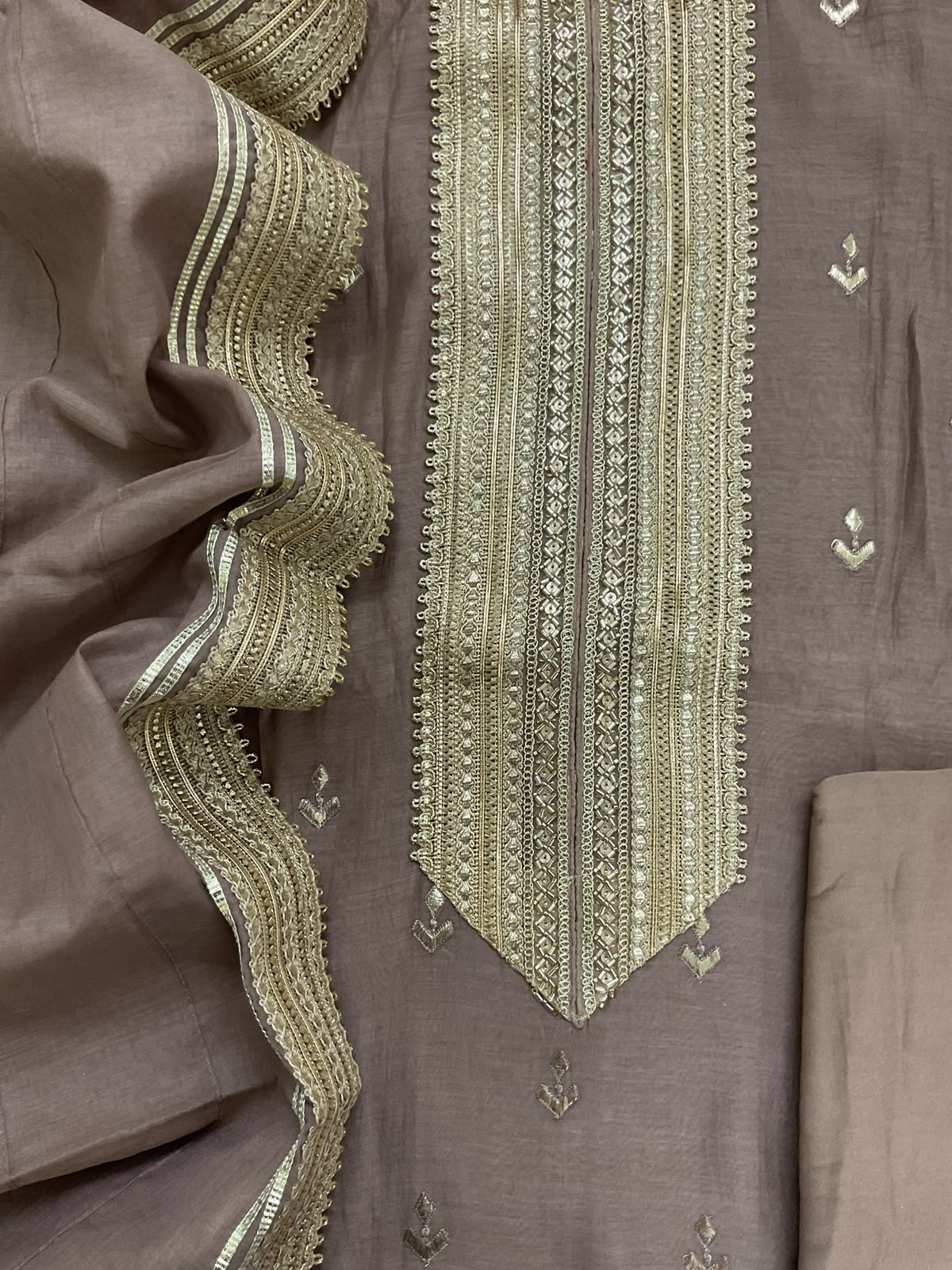 Pure Mul Chanderi Embroidered Suit - Lilac Brown