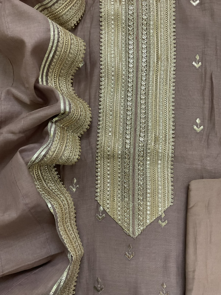 Image of Pure Mul Chanderi Embroidered Suit - Lilac Brown
