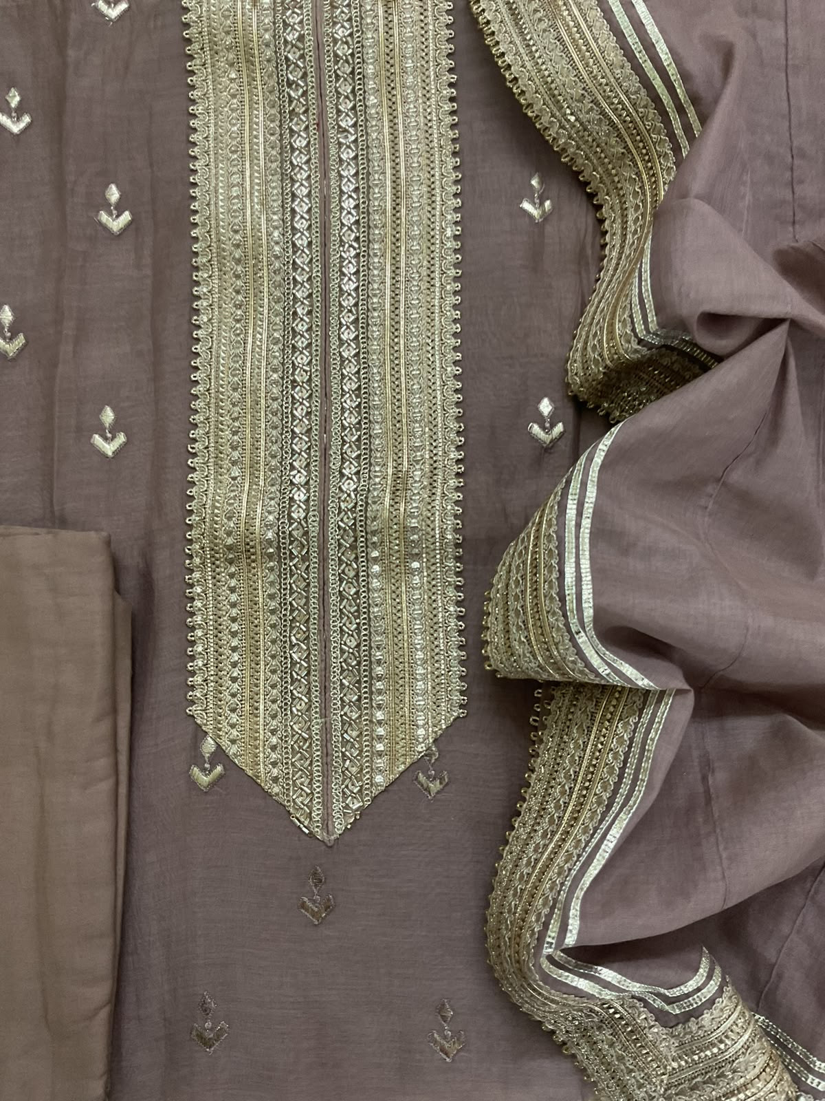 Pure Mul Chanderi Embroidered Suit - Lilac Brown
