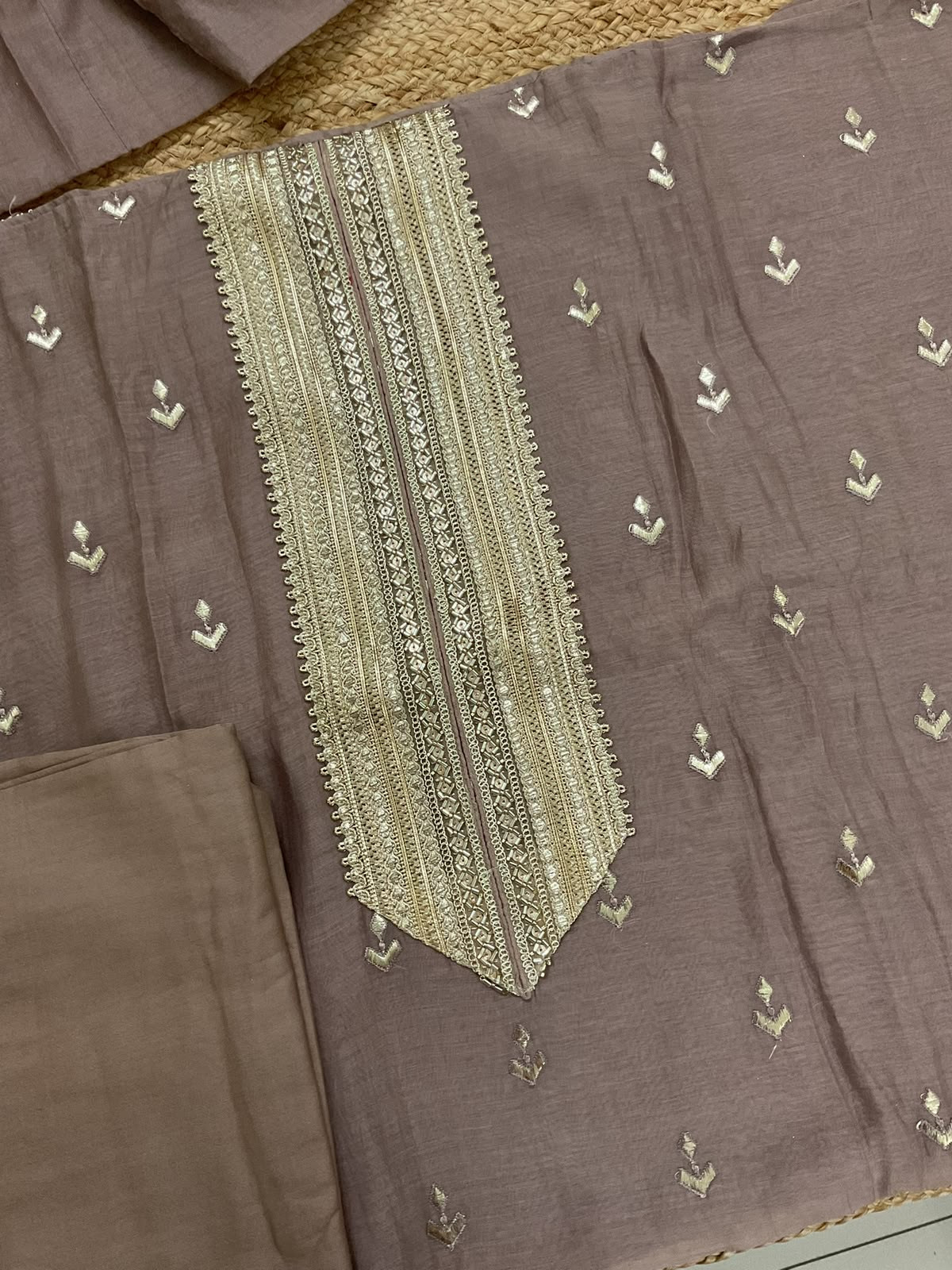 Pure Mul Chanderi Embroidered Suit - Lilac Brown