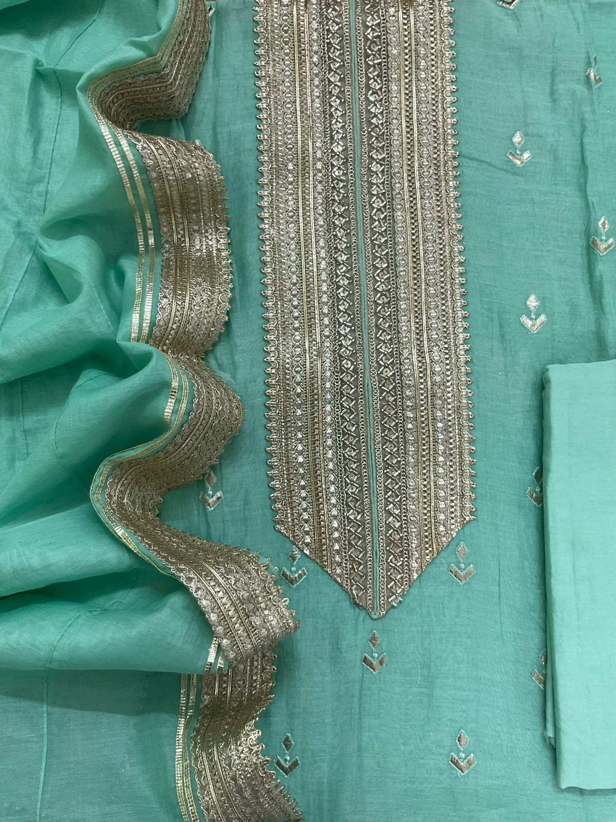 Pure Mul Chanderi Embroidered Suit - Sea Green
