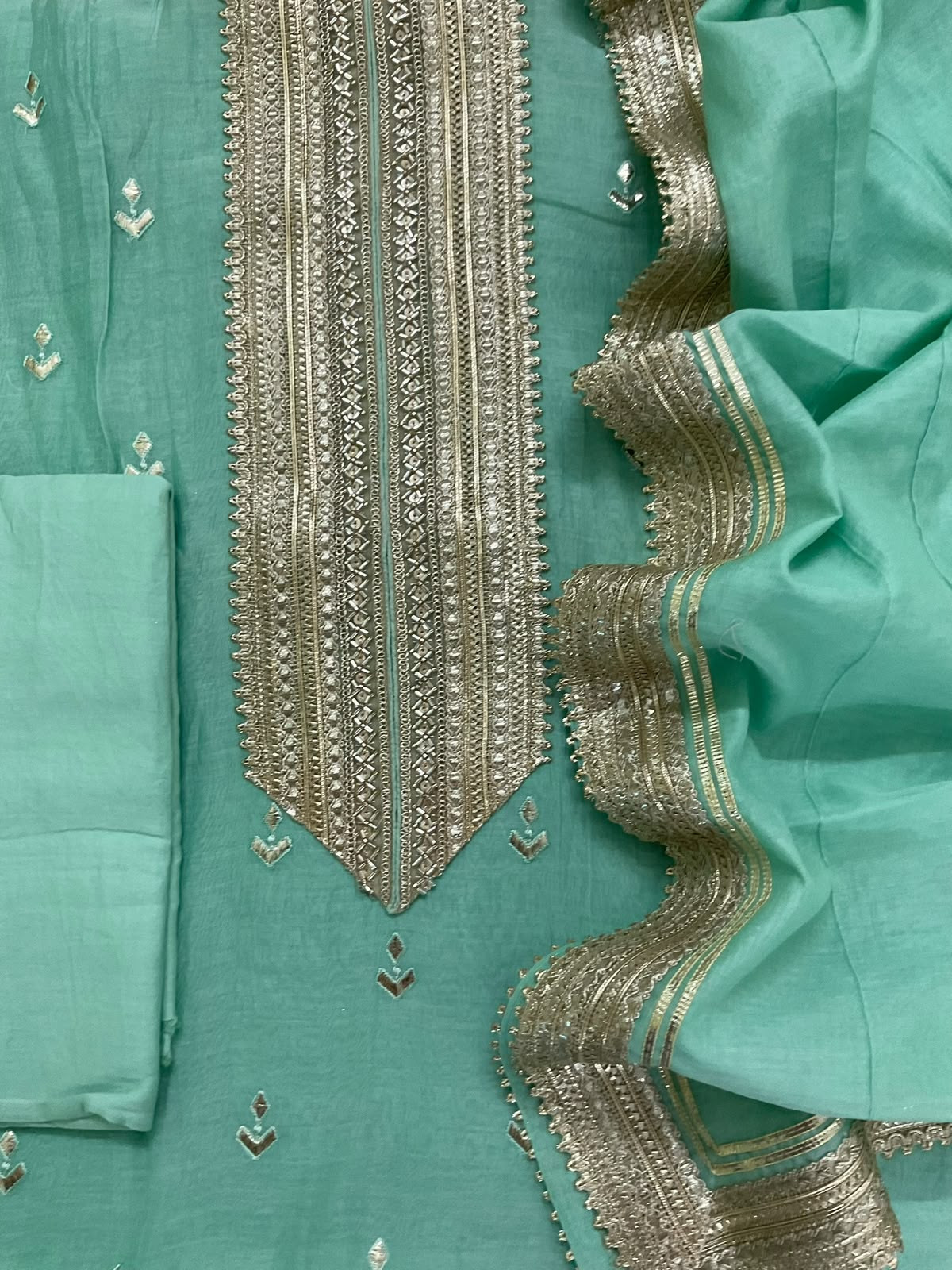 Pure Mul Chanderi Embroidered Suit - Sea Green