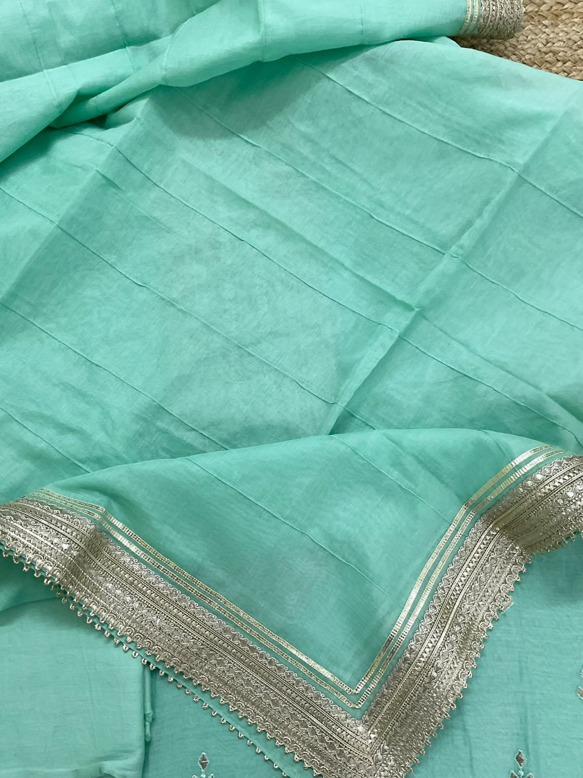 Pure Mul Chanderi Embroidered Suit - Sea Green