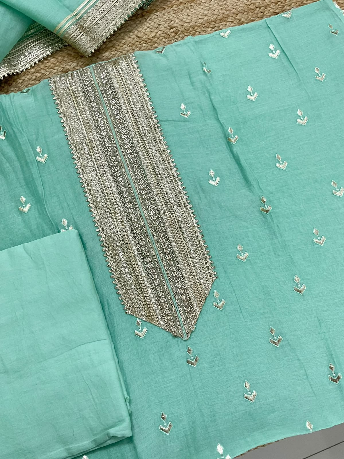 Pure Mul Chanderi Embroidered Suit - Sea Green