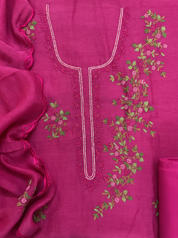 Image of Pure Mul Chanderi Embroidered Suit - Pink