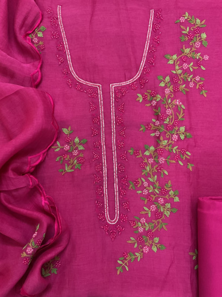 Image of Pure Mul Chanderi Embroidered Suit - Pink