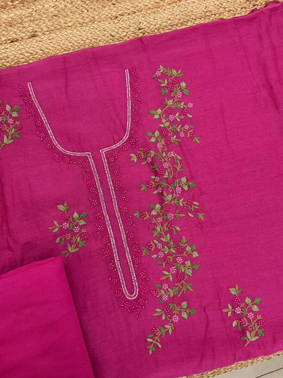 Pure Mul Chanderi Embroidered Suit - Pink