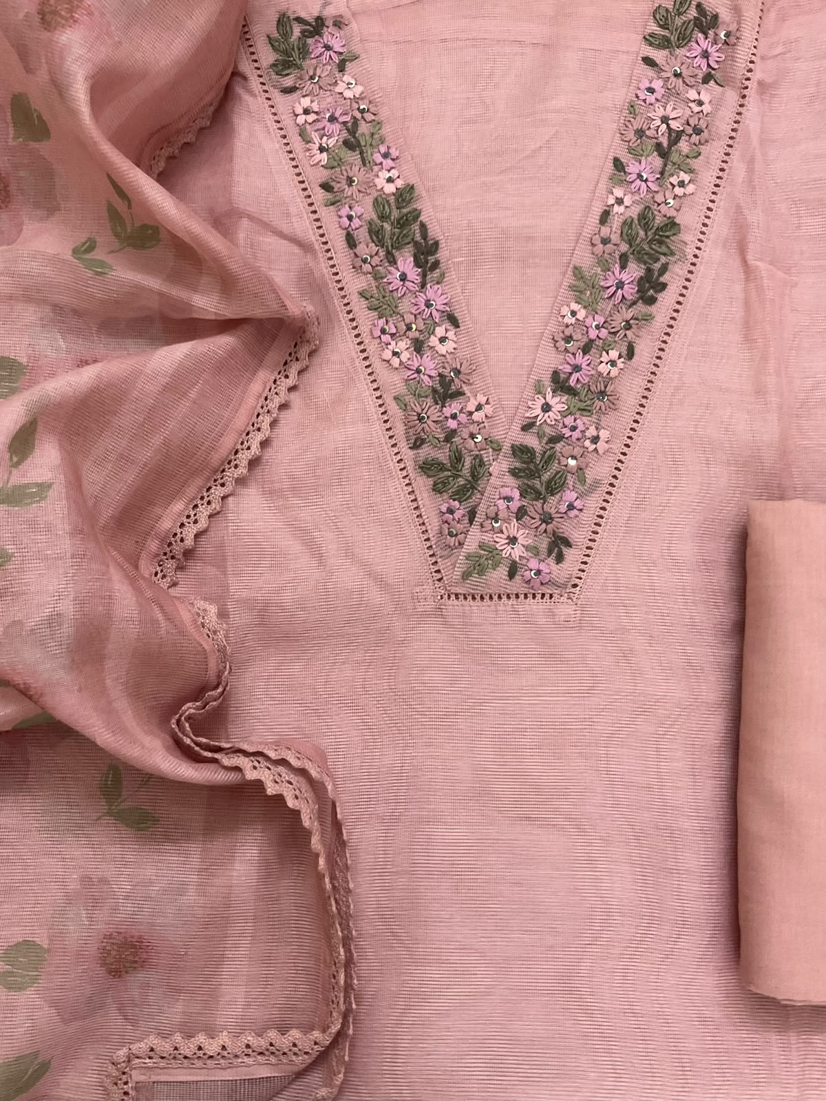 Soft Supernet Printed Embroidered Suit - Peach