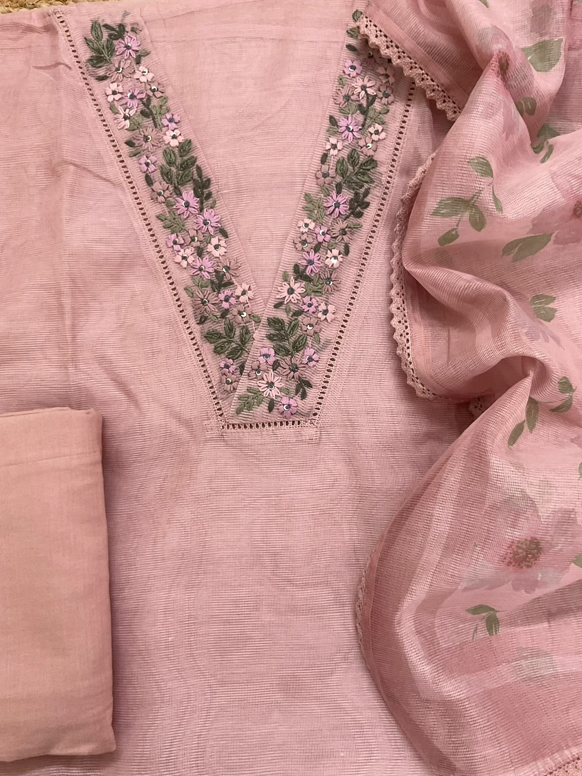 Soft Supernet Printed Embroidered Suit - Peach