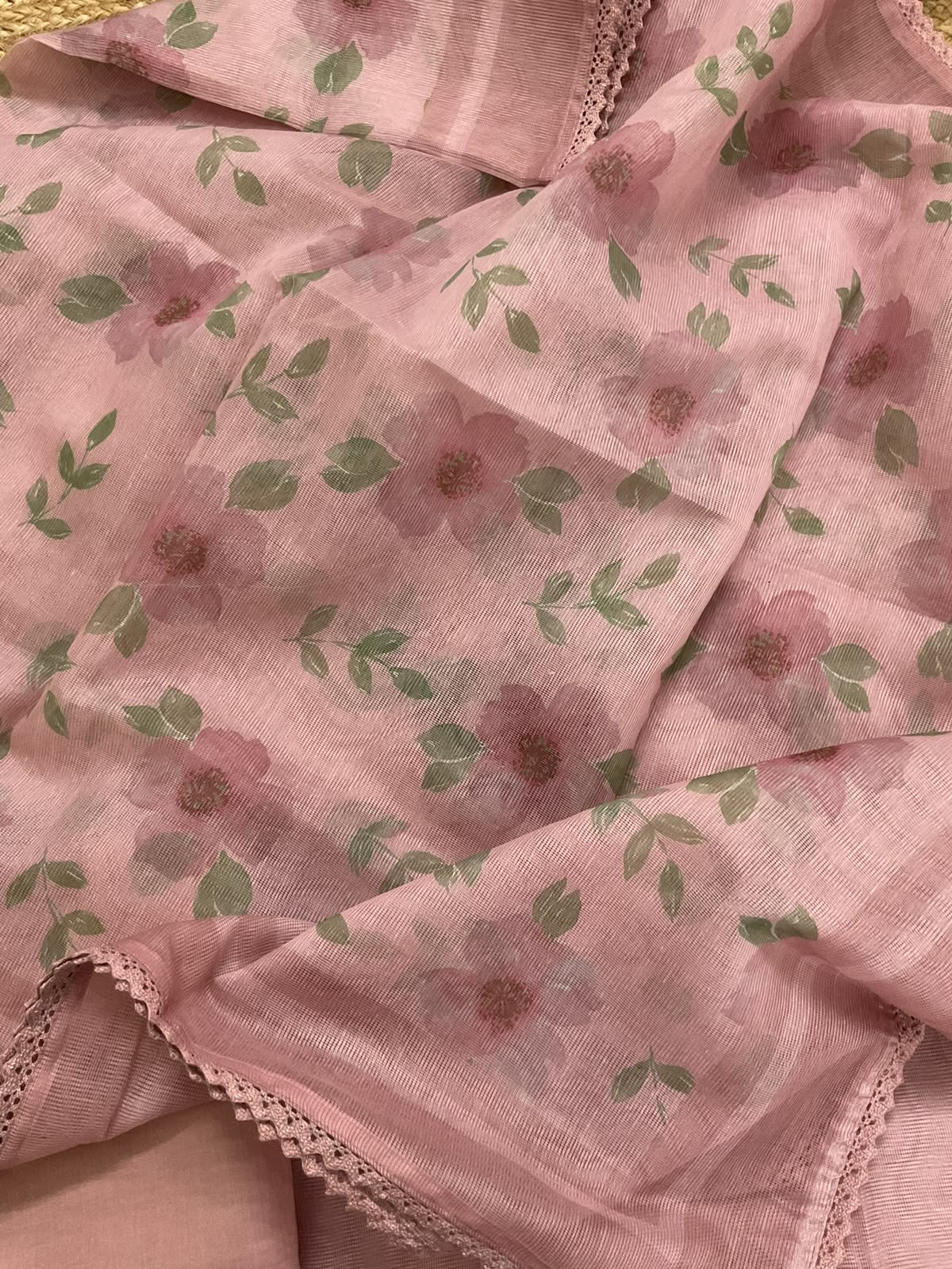 Soft Supernet Printed Embroidered Suit - Peach