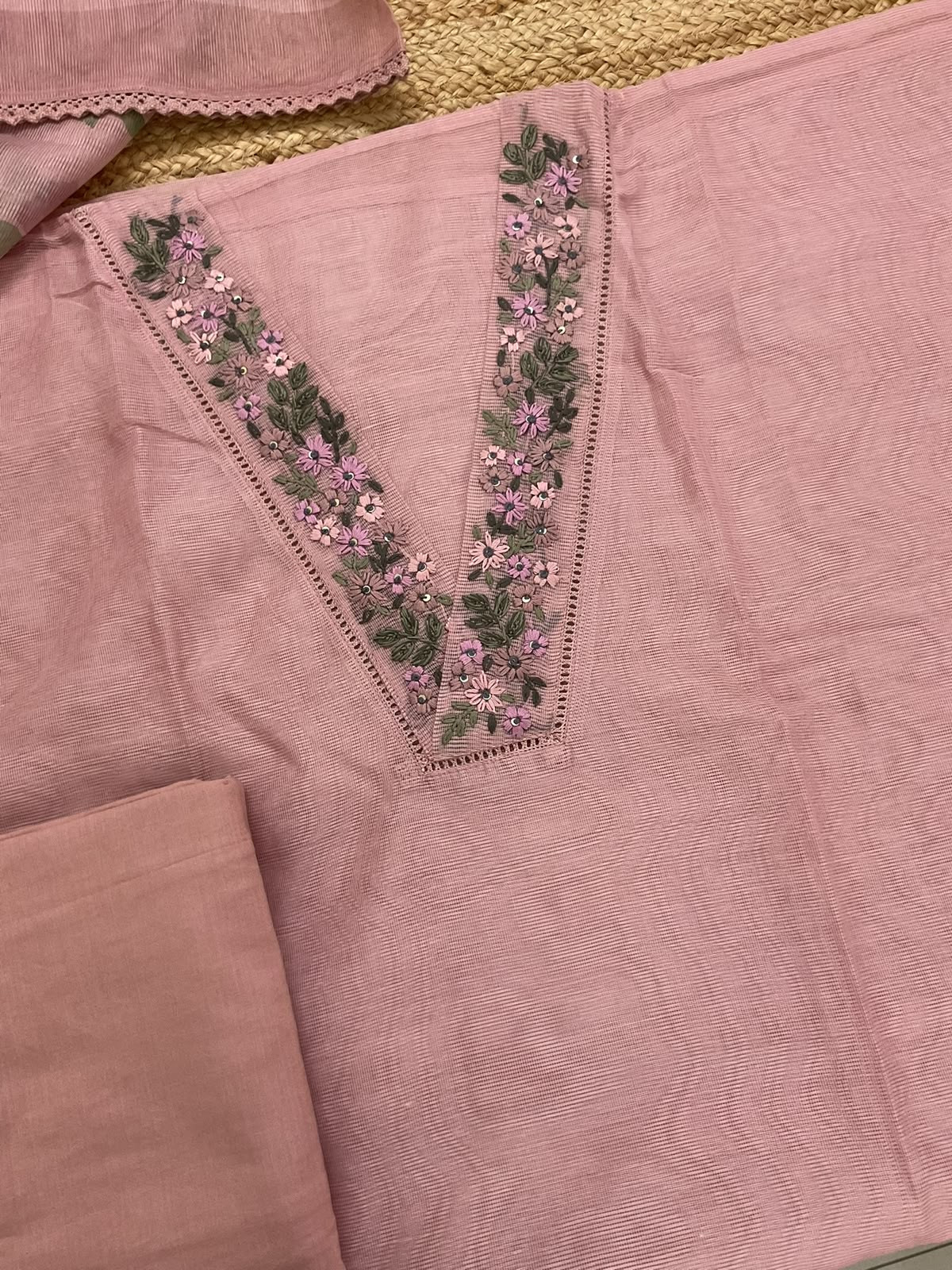 Soft Supernet Printed Embroidered Suit - Peach
