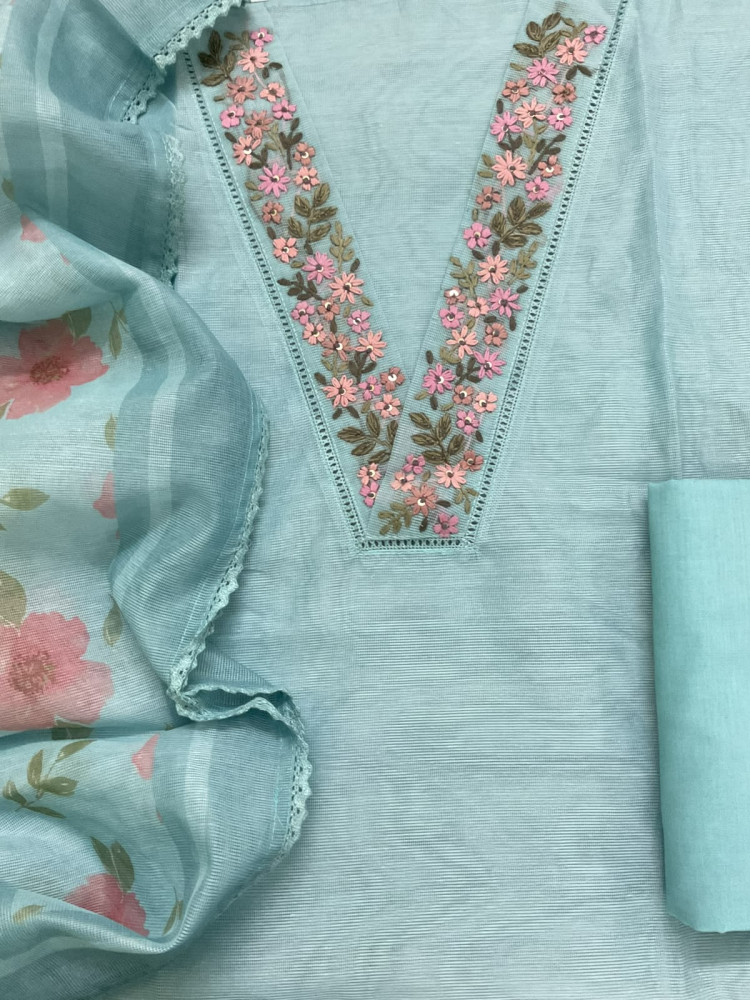 Image of Soft Supernet Printed Embroidered Suit - Blue