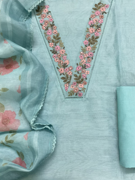 Image of Soft Supernet Printed Embroidered Suit - Blue