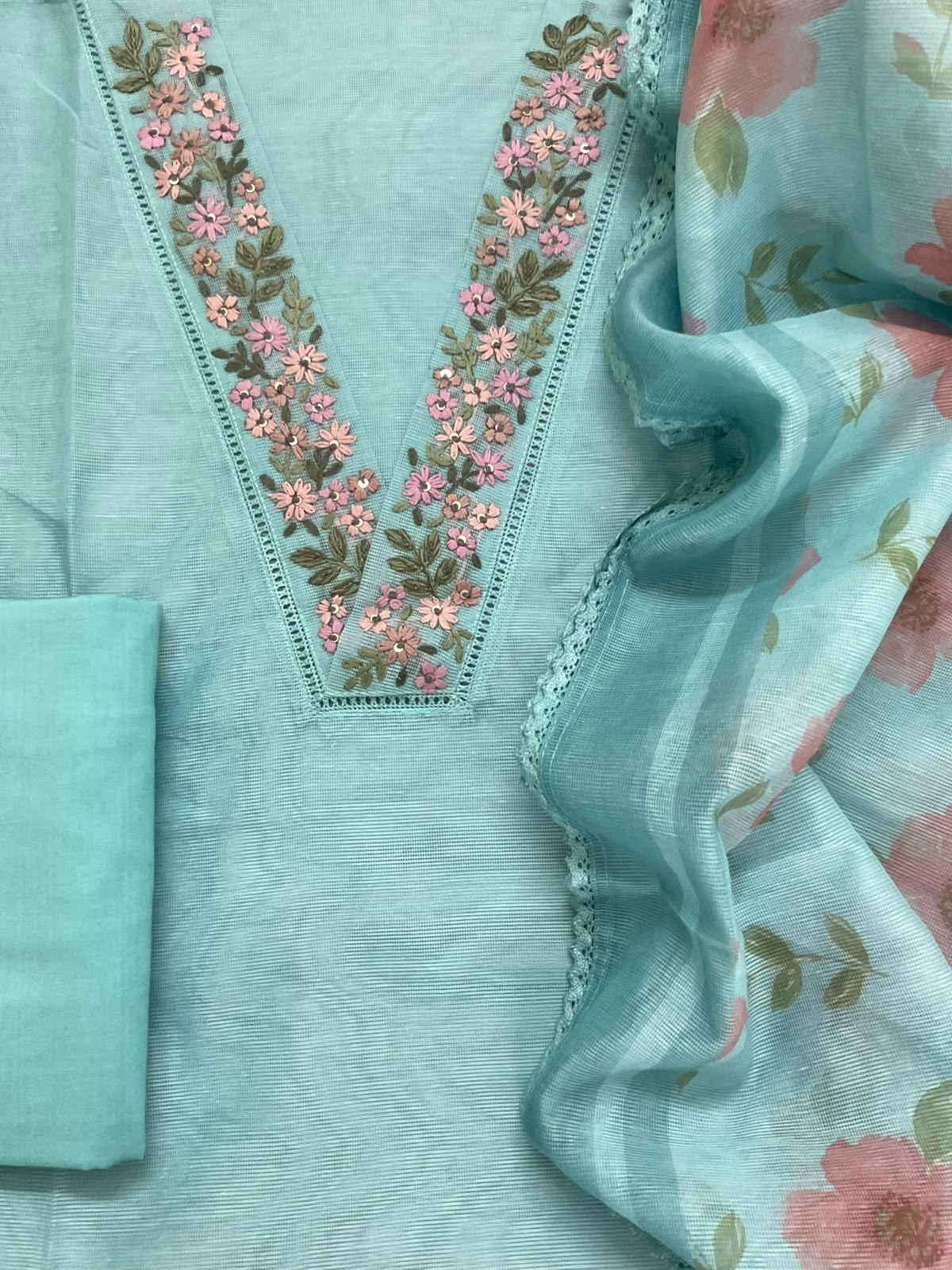 Soft Supernet Printed Embroidered Suit - Blue