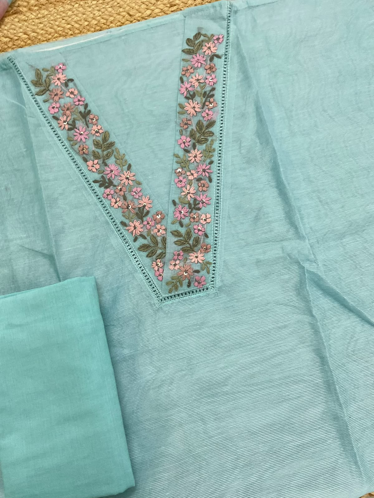Soft Supernet Printed Embroidered Suit - Blue
