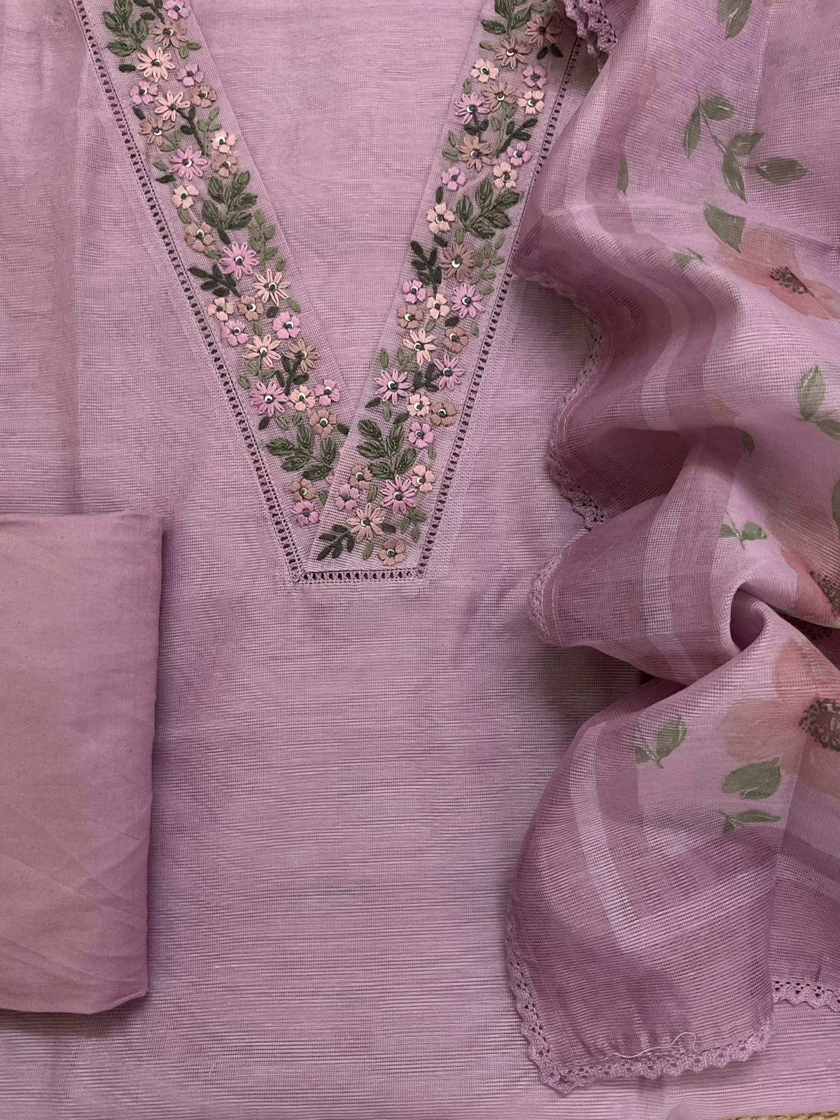 Soft Supernet Printed Embroidered Suit - Mauve