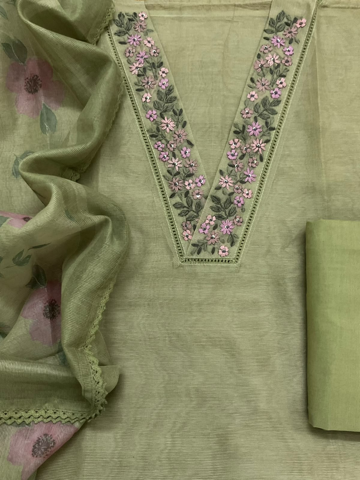 Soft Supernet Printed Embroidered Suit - Green