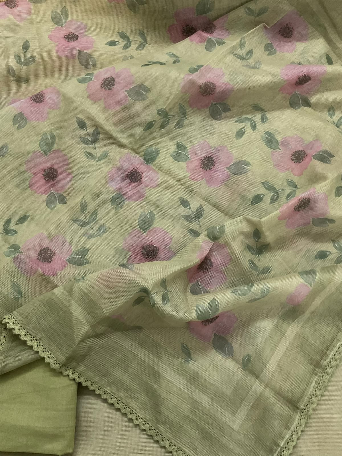 Soft Supernet Printed Embroidered Suit - Green