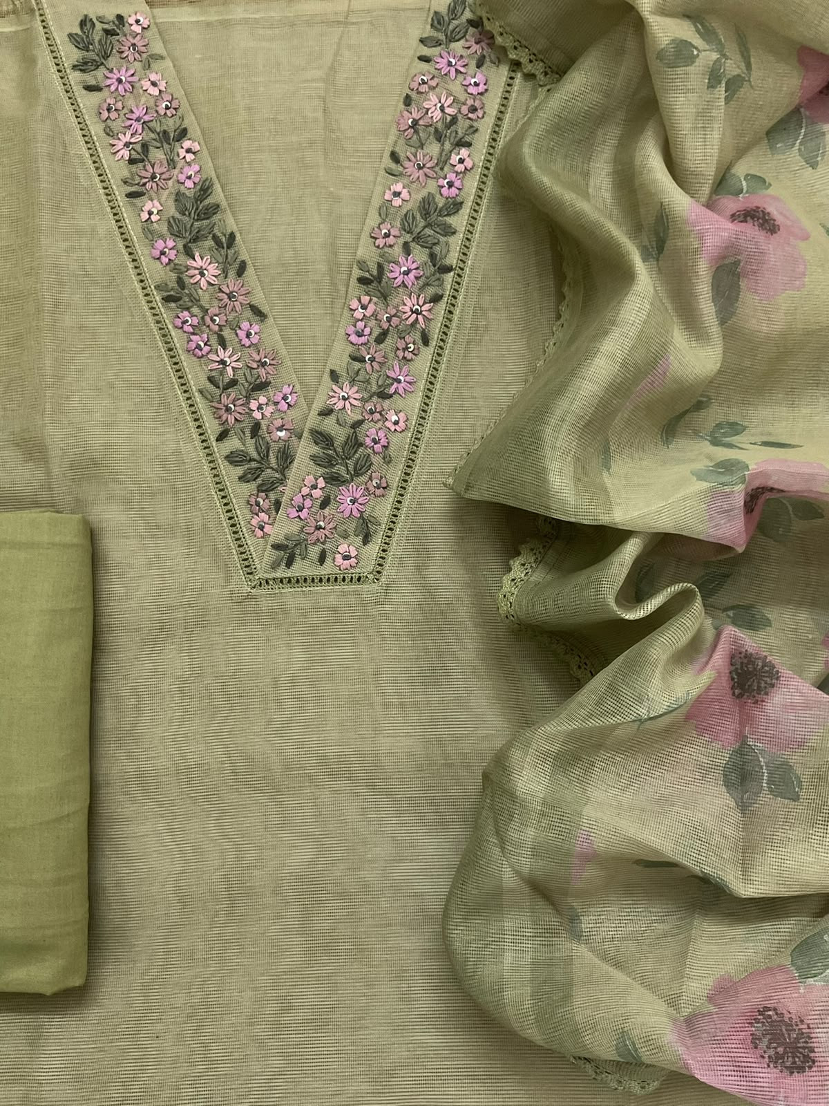 Soft Supernet Printed Embroidered Suit - Green