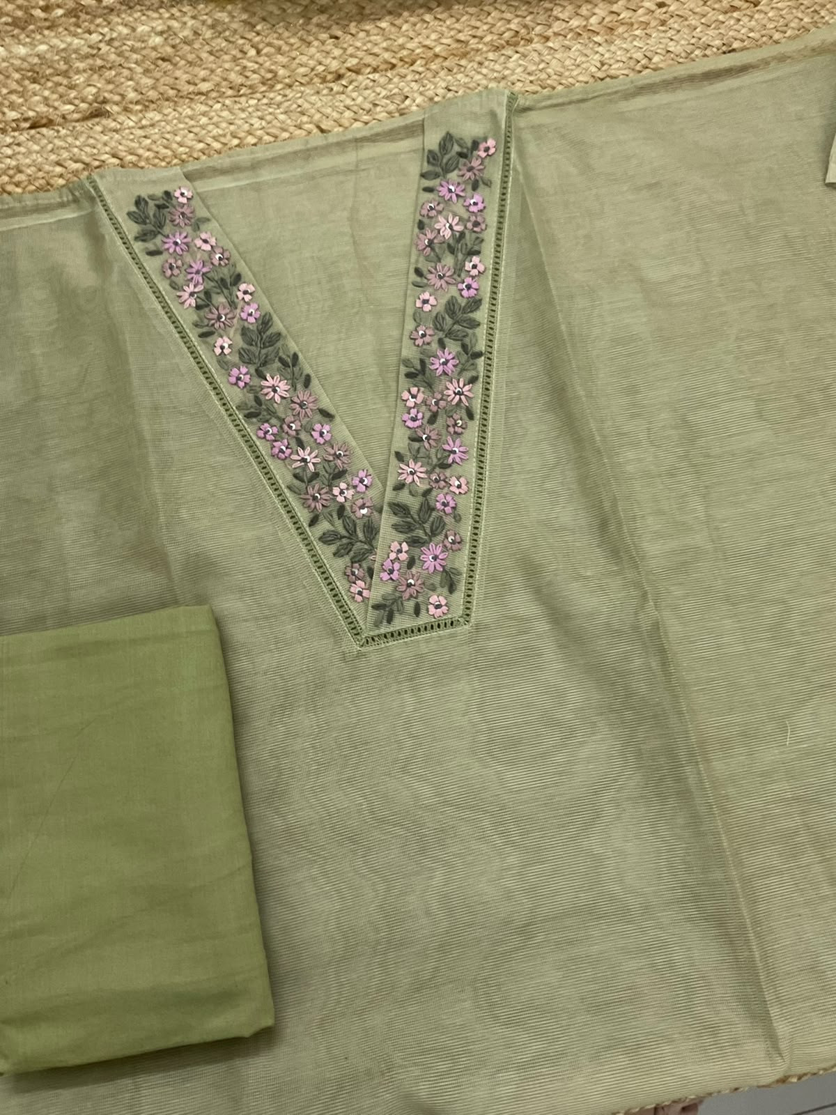 Soft Supernet Printed Embroidered Suit - Green
