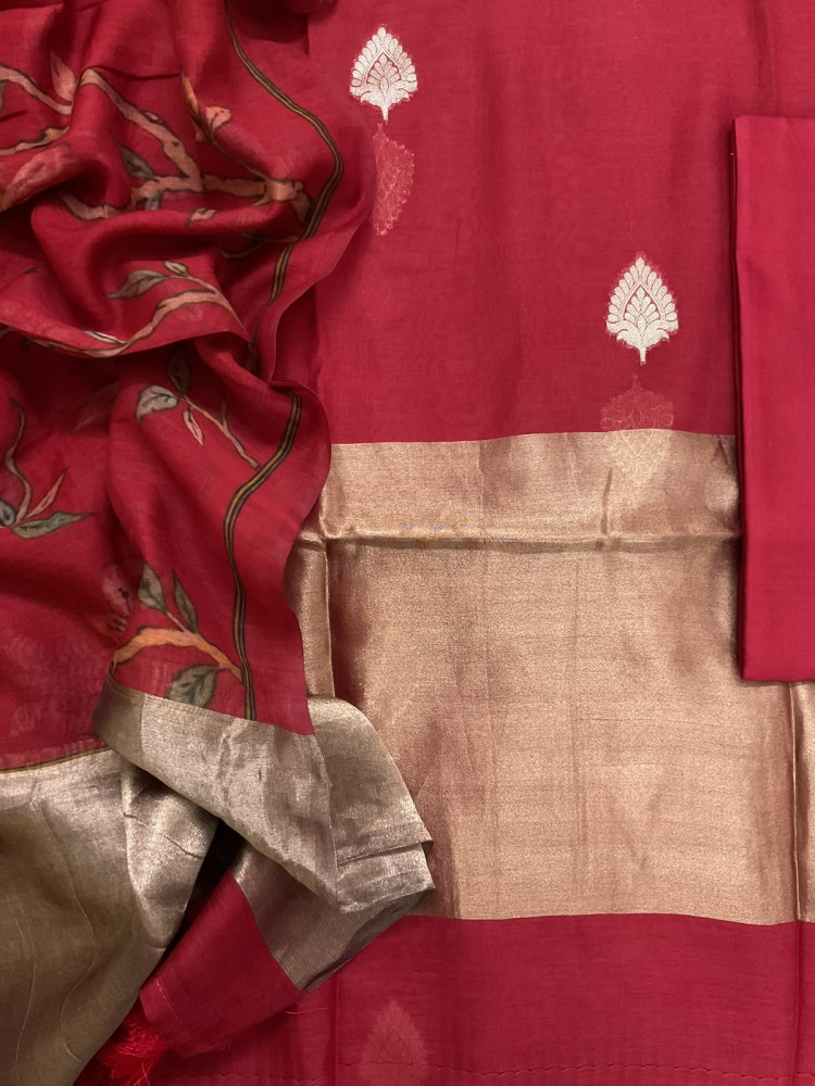 Image of Pure Mul Chanderi Printed Banarasi Weaved Suit - Dark Red