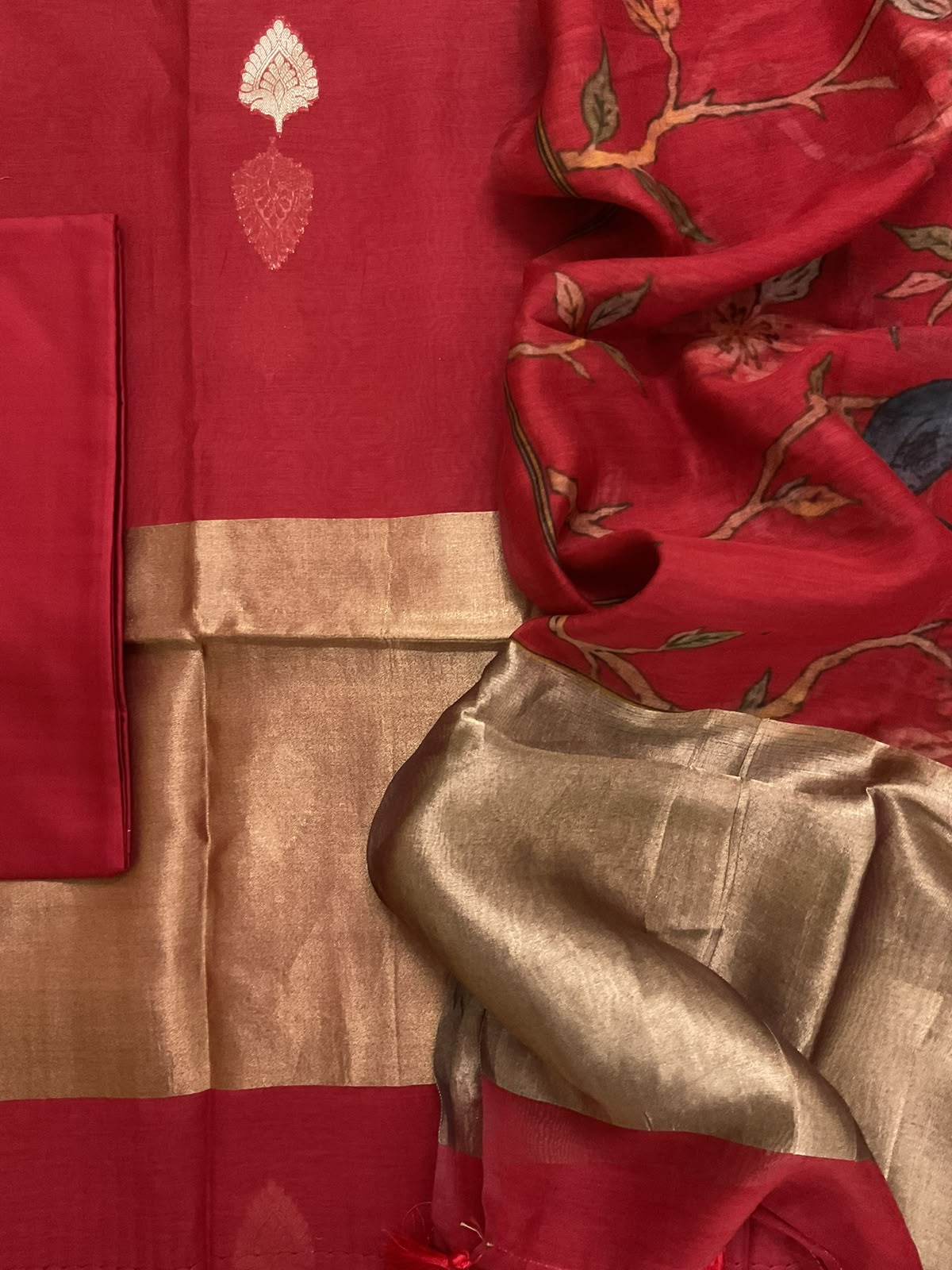 Pure Mul Chanderi Printed Banarasi Weaved Suit - Dark Red