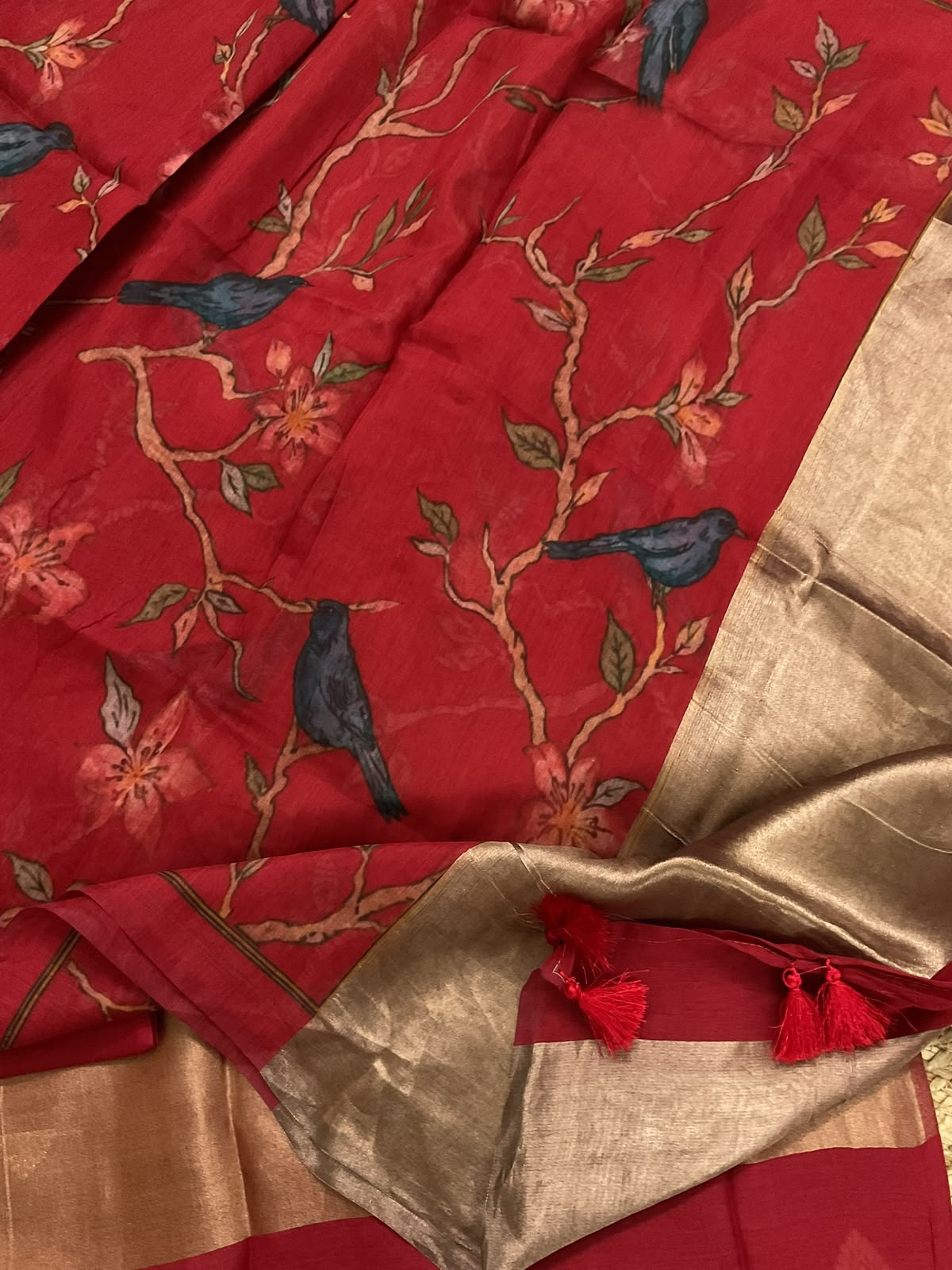 Pure Mul Chanderi Printed Banarasi Weaved Suit - Dark Red