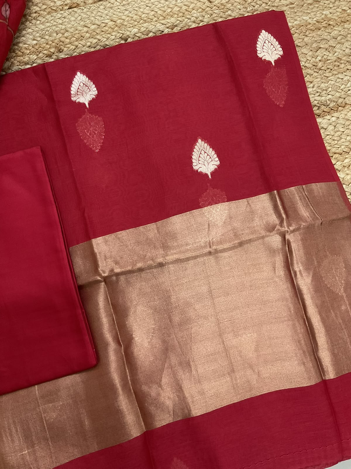 Pure Mul Chanderi Printed Banarasi Weaved Suit - Dark Red