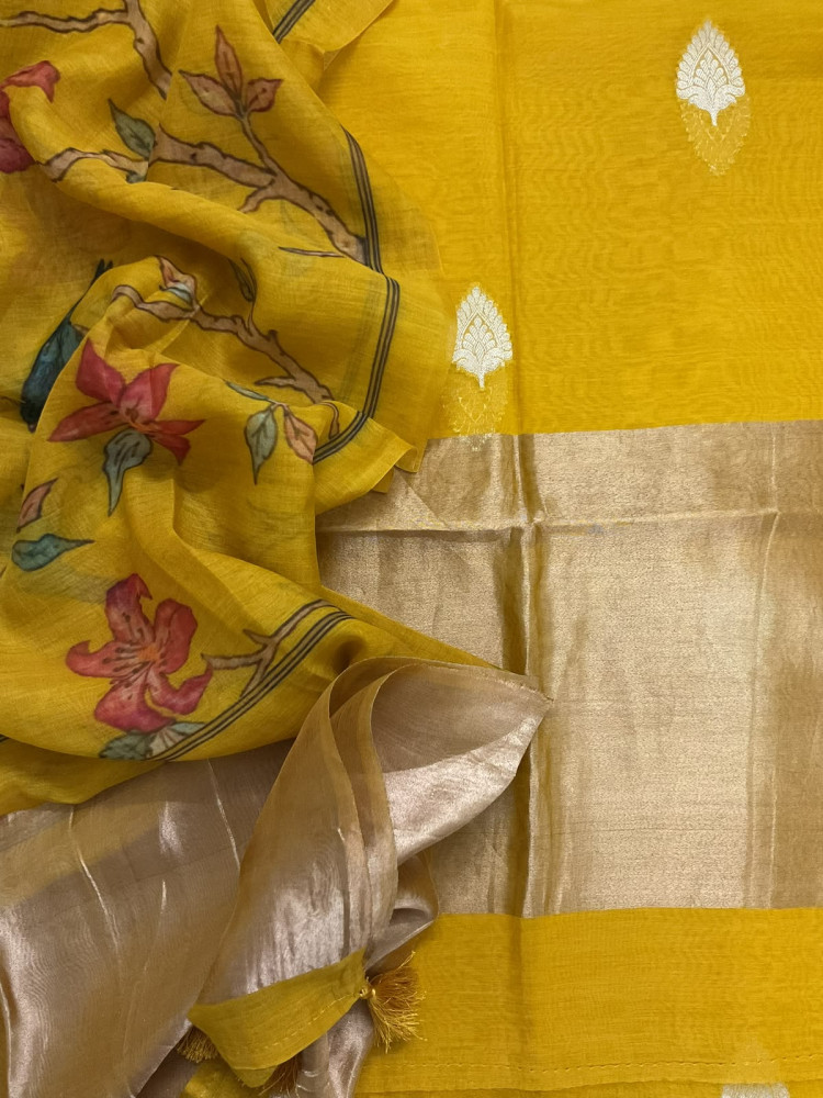 Image of Pure Mul Chanderi Printed Banarasi Weaved Suit - Yellow
