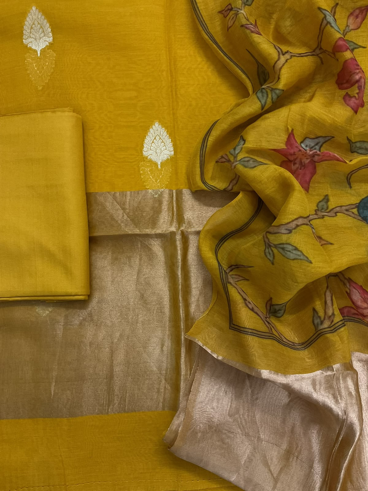 Pure Mul Chanderi Printed Banarasi Weaved Suit - Yellow
