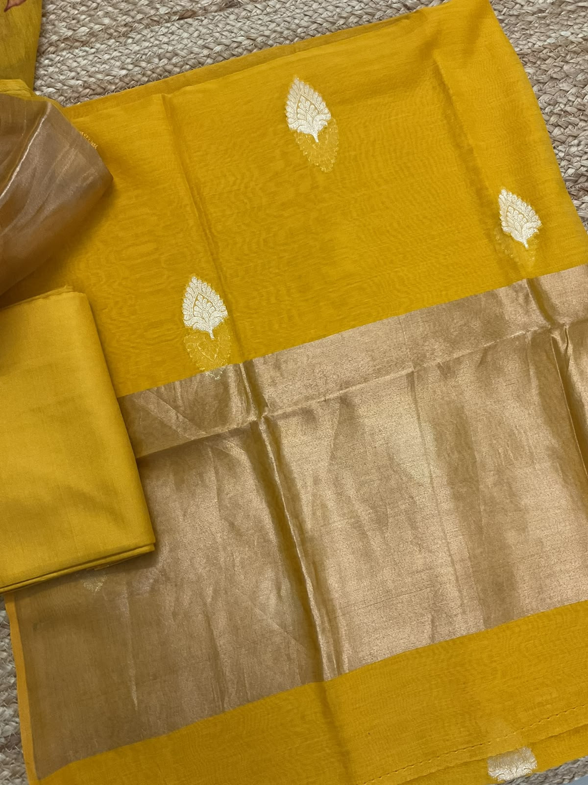 Pure Mul Chanderi Printed Banarasi Weaved Suit - Yellow