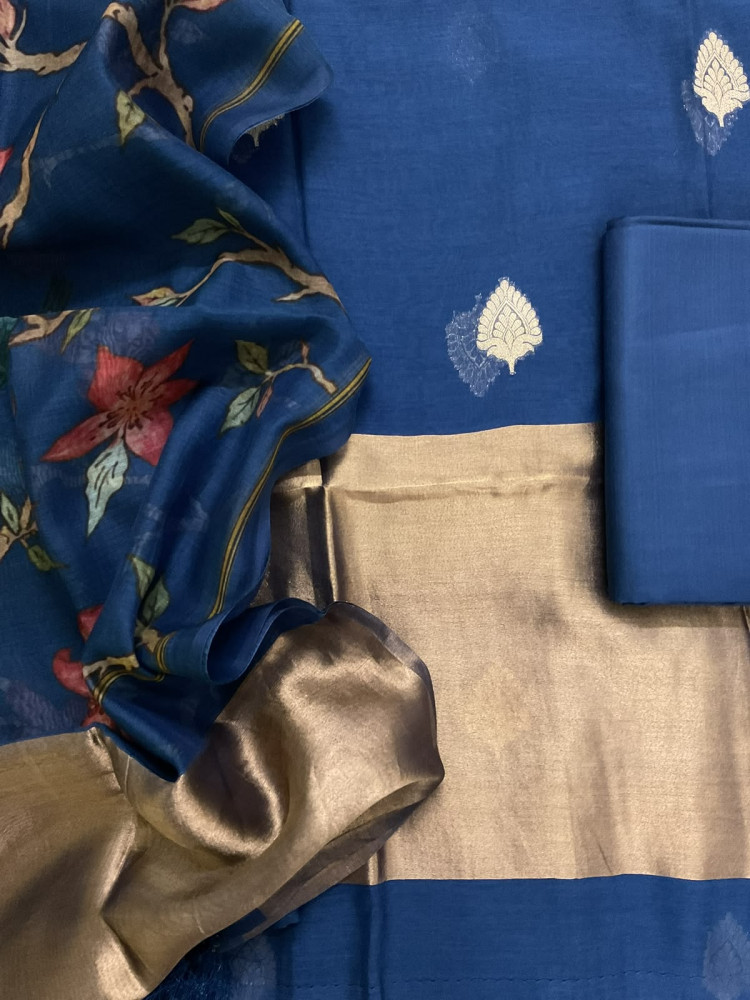 Image of Pure Mul Chanderi Printed Banarasi Weaved Suit - Blue