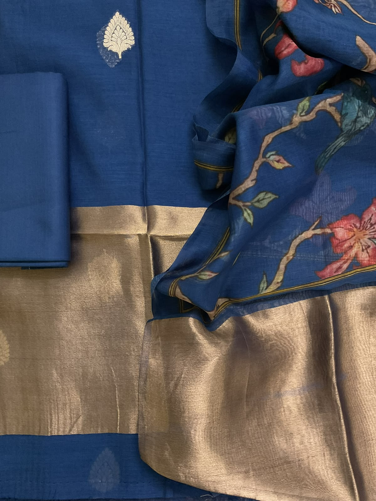 Pure Mul Chanderi Printed Banarasi Weaved Suit - Blue